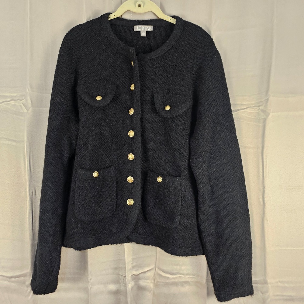 J Crew‎ Womens Black Merino Wool Alpaca Textured Cardigan Sweater Lady Jacket Lg